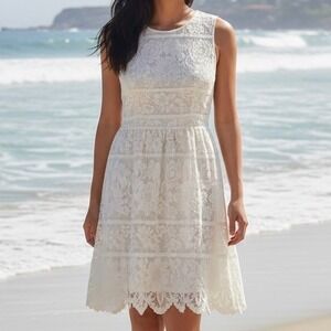 Tommy Hilfiger Womens White Floral Lace Sleeveless Fit & Flare Dress Sz 12 Boho